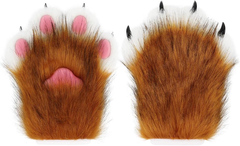 hbbhml Faux Fur Plush Furry Cat Claw Gloves Fursuit Animal Fox Paws Mittens Halloween Cosplay Costume Accessories for Adult - Image 1